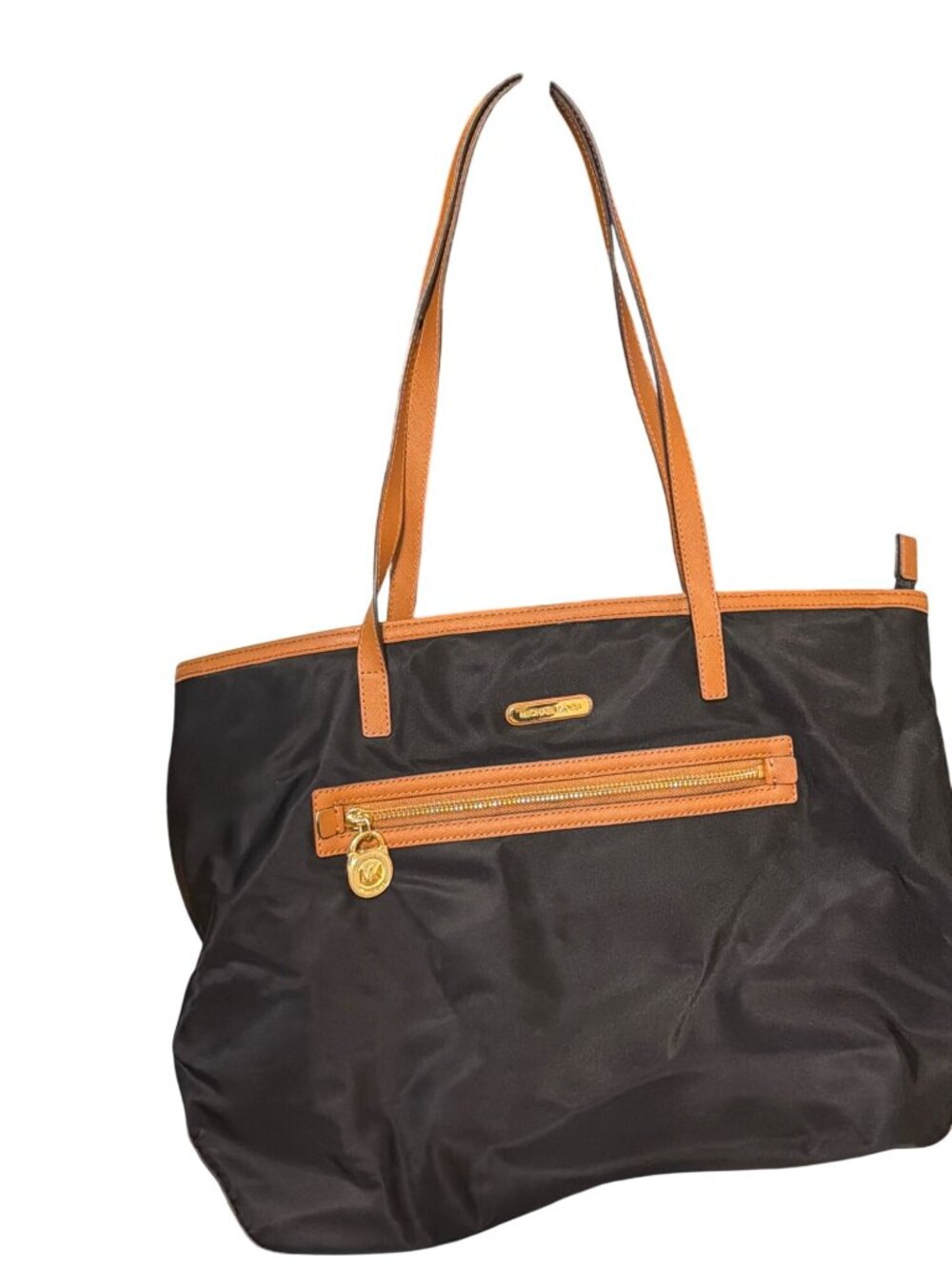 Michael Kors Black Nylon Kempton Tote Bag Tan Leather Shoulder Purse Zip Top